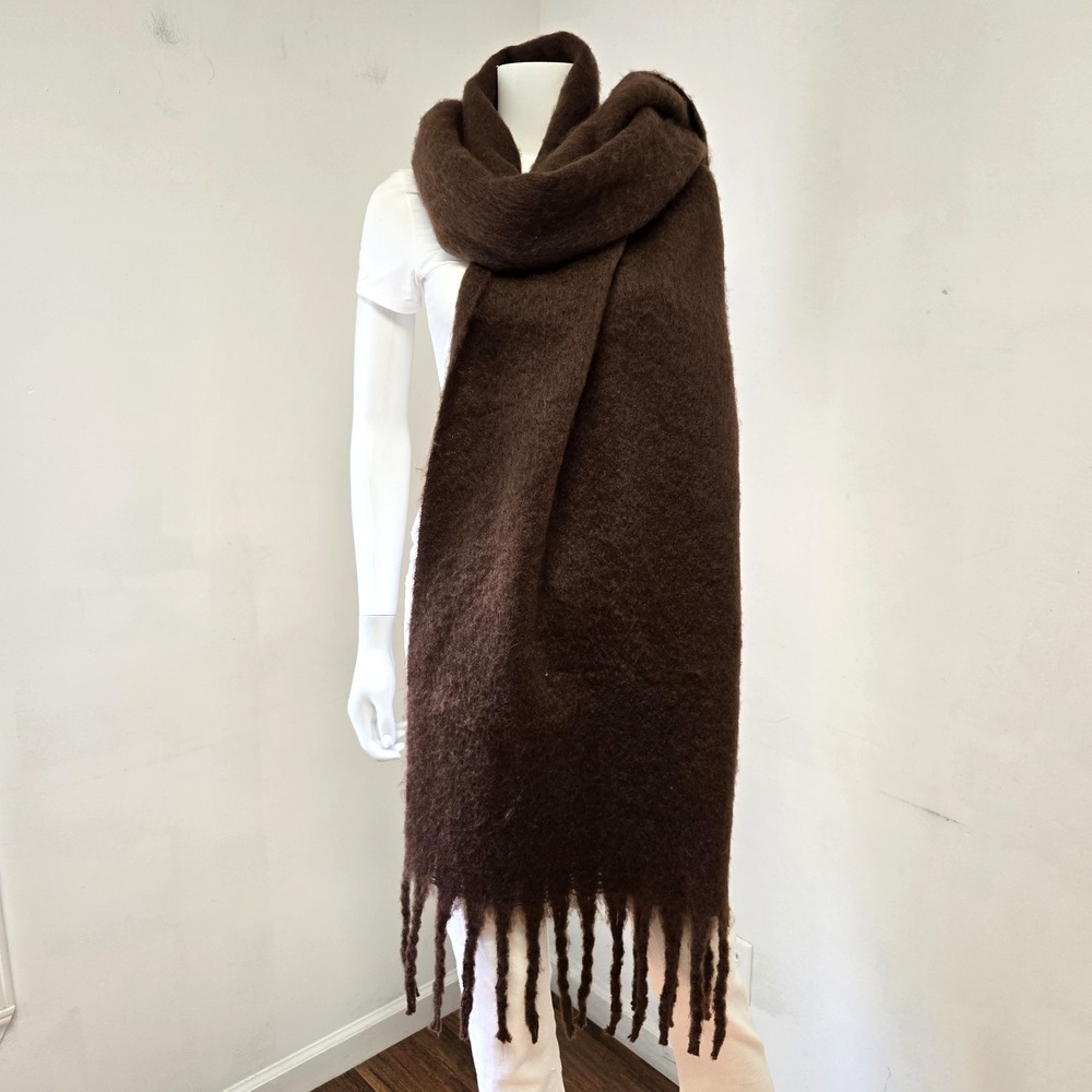 Charcoal Oversized Blanket Scarf Brown Fringe Fuzzy 80"x19" Thick Cozy NWT
